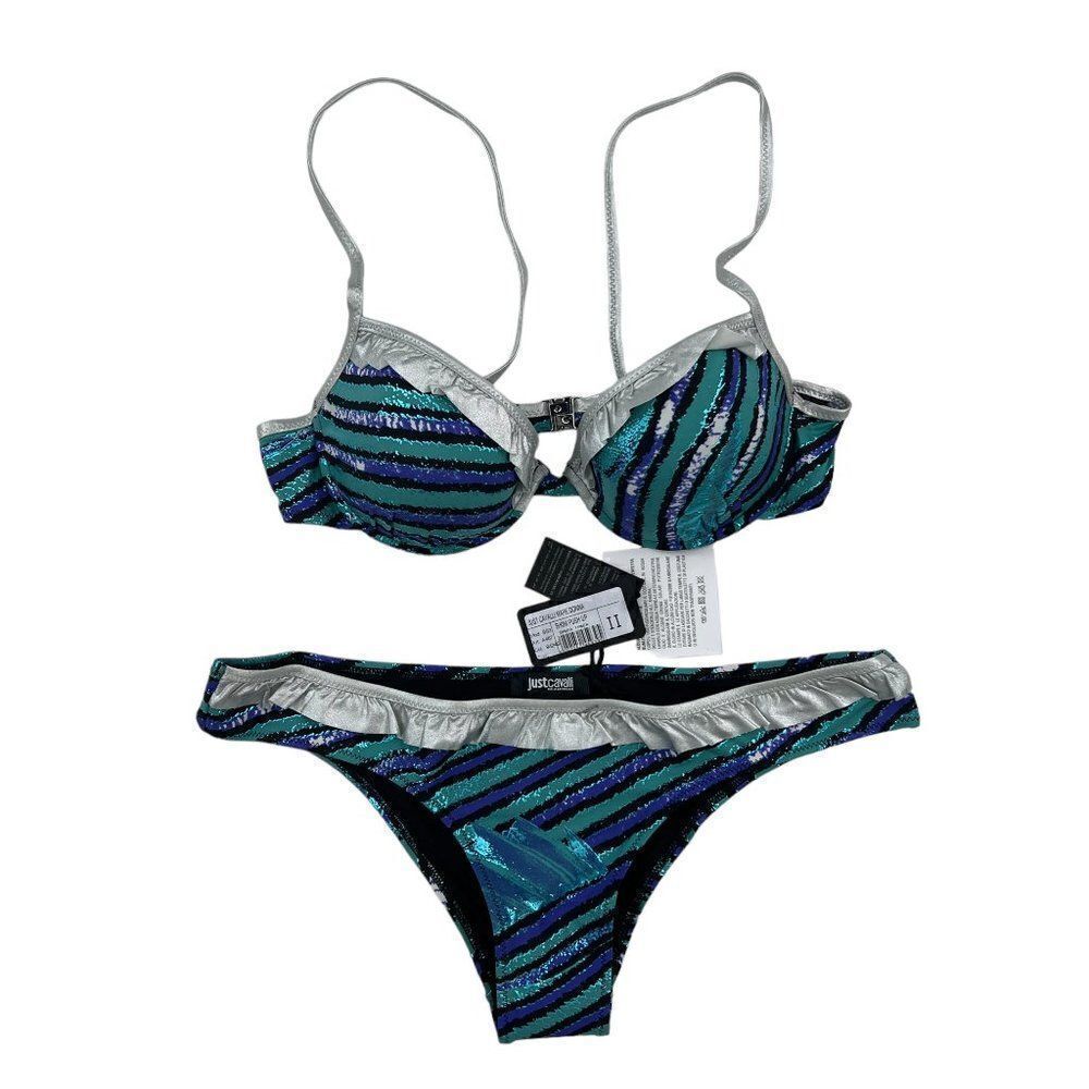New Just Cavalli Women Stretch Bikini Blue Silver Push-Up Two Piece Swimsuit